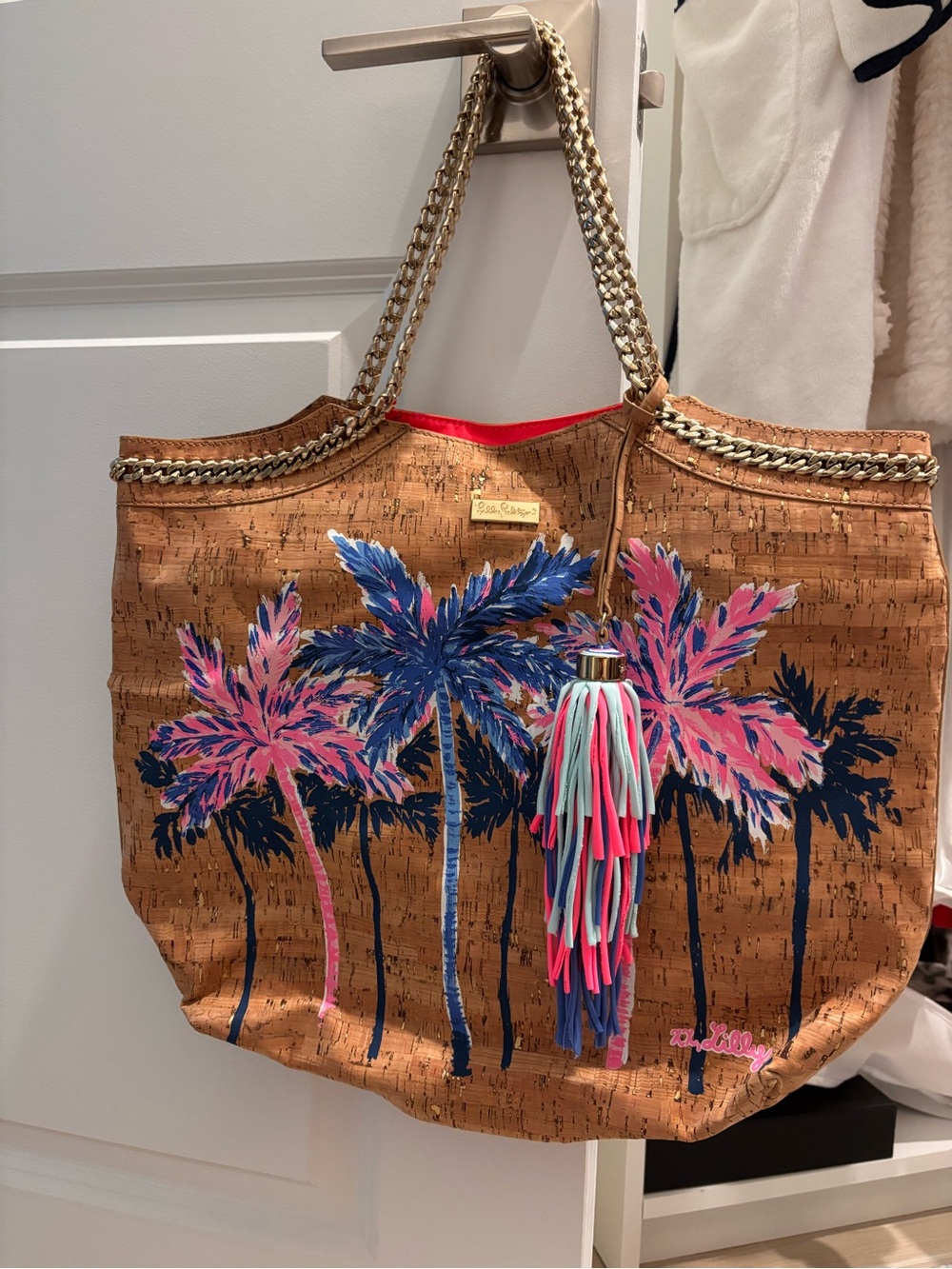 NWOT Lilly Pulitzer Seaside Cork Tote Bag with Gold Chain Handles